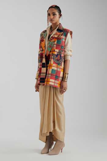 Shop_Aseem Kapoor_Multicolor Cotton, Linen Collared Neck Noori Double Breasted Vest _Online_at_Aza_Fashions
