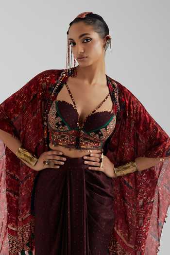 Shop_Aseem Kapoor_Red Silk Open Neck Veni Dupatta Jacket 