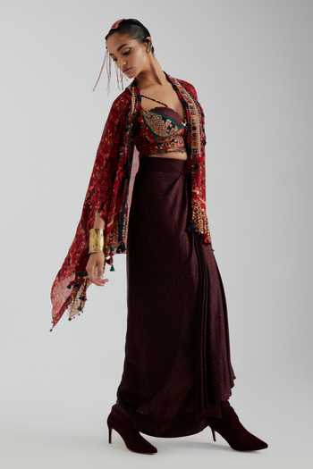 Aseem Kapoor Red Silk, Twill Open Neck, Sweetheart Veni Jacket And Draped Bandhani Skirt Set Online at Aza Fashions Aseem Kapoor_Red Silk, Twill Open Neck, Sweetheart Veni Jacket And Draped Bandhani Skirt Set _Online_at_Aza_Fashions