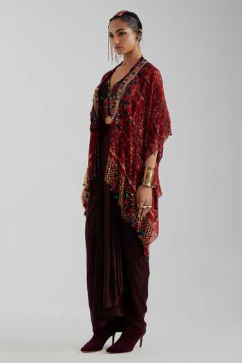 Buy Aseem Kapoor Red Silk, Twill Open Neck, Sweetheart Veni Jacket And Draped Bandhani Skirt Set Online at Aza Fashions Buy_Aseem Kapoor_Red Silk, Twill Open Neck, Sweetheart Veni Jacket And Draped Bandhani Skirt Set _Online_at_Aza_Fashions