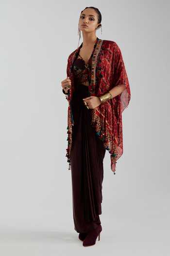 Shop Aseem Kapoor Red Silk, Twill Open Neck, Sweetheart Veni Jacket And Draped Bandhani Skirt Set Online at Aza Fashions Shop_Aseem Kapoor_Red Silk, Twill Open Neck, Sweetheart Veni Jacket And Draped Bandhani Skirt Set _Online_at_Aza_Fashions