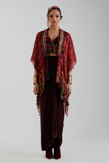 Aseem Kapoor Red Silk, Twill Open Neck, Sweetheart Veni Jacket And Draped Bandhani Skirt Set at Aza Fashions Aseem Kapoor_Red Silk, Twill Open Neck, Sweetheart Veni Jacket And Draped Bandhani Skirt Set _at_Aza_Fashions