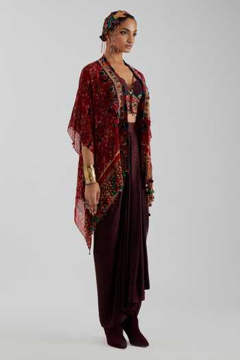 Buy Aseem Kapoor Red Silk, Twill Open Neck, Sweetheart Veni Jacket And Draped Bandhani Skirt Set Buy_Aseem Kapoor_Red Silk, Twill Open Neck, Sweetheart Veni Jacket And Draped Bandhani Skirt Set