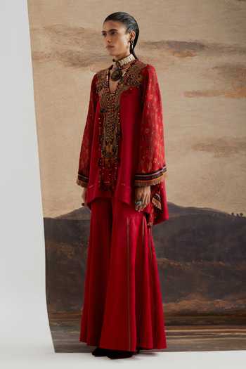 Shop Aseem Kapoor Red Silk V-neck Mariyam Embroidered Kurta And Sharara Set Online at Aza Fashions Shop_Aseem Kapoor_Red Silk V-neck Mariyam Embroidered Kurta And Sharara Set _Online_at_Aza_Fashions