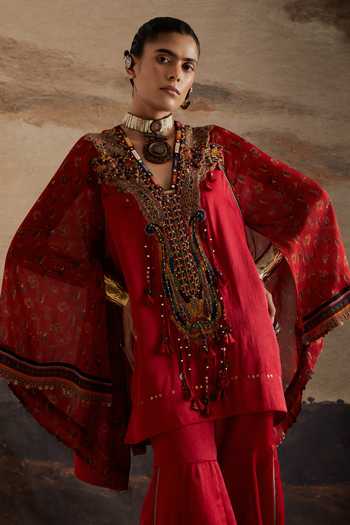 Aseem Kapoor Red Silk V-neck Mariyam Embroidered Kurta And Sharara Set at Aza Fashions Aseem Kapoor_Red Silk V-neck Mariyam Embroidered Kurta And Sharara Set _at_Aza_Fashions
