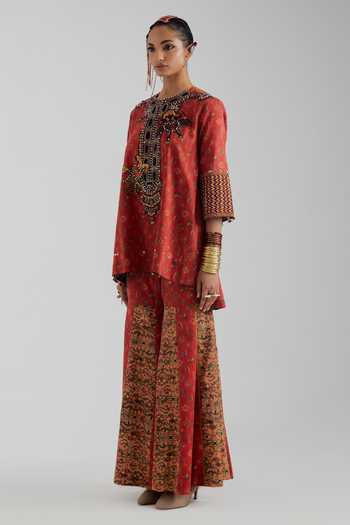 Aseem Kapoor_Red Cotton Satin, Silk Round Neck, Yes Mitra Embroidered Short Kurta Sharara Set _Online_at_Aza_Fashions