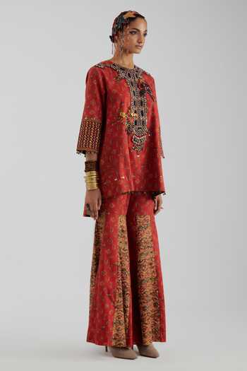 Buy_Aseem Kapoor_Red Cotton Satin, Silk Round Neck, Yes Mitra Embroidered Short Kurta Sharara Set _Online_at_Aza_Fashions
