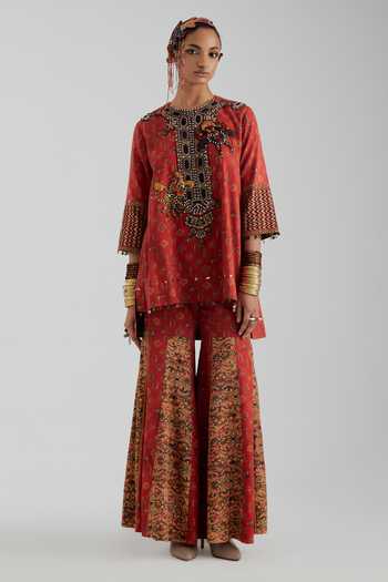 Shop_Aseem Kapoor_Red Cotton Satin, Silk Round Neck, Yes Mitra Embroidered Short Kurta Sharara Set _Online_at_Aza_Fashions