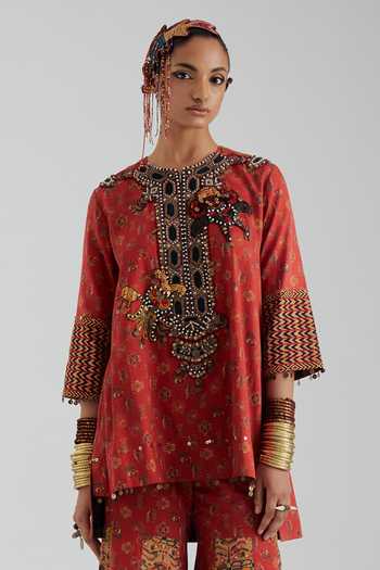 Aseem Kapoor_Red Cotton Satin, Silk Round Neck, Yes Mitra Embroidered Short Kurta Sharara Set _at_Aza_Fashions