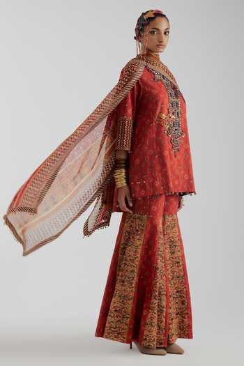 Buy_Aseem Kapoor_Red Cotton Satin, Silk Round Neck, Yes Mitra Embroidered Short Kurta Sharara Set 
