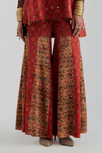Shop_Aseem Kapoor_Red Cotton Satin, Silk Round Neck, Yes Mitra Embroidered Short Kurta Sharara Set 