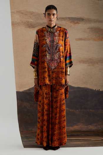 Shop Aseem Kapoor Orange Satin, Modal, Silk Round Neck, Yes Mitra Printed Short Kurta Sharara Set Online at Aza Fashions Shop_Aseem Kapoor_Orange Satin, Modal, Silk Round Neck, Yes Mitra Printed Short Kurta Sharara Set _Online_at_Aza_Fashions