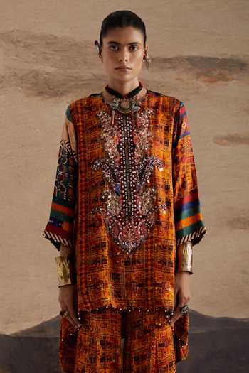 Aseem Kapoor Orange Satin, Modal, Silk Round Neck, Yes Mitra Printed Short Kurta Sharara Set at Aza Fashions Aseem Kapoor_Orange Satin, Modal, Silk Round Neck, Yes Mitra Printed Short Kurta Sharara Set _at_Aza_Fashions