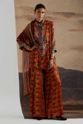 Buy Aseem Kapoor Orange Satin, Modal, Silk Round Neck, Yes Mitra Printed Short Kurta Sharara Set Buy_Aseem Kapoor_Orange Satin, Modal, Silk Round Neck, Yes Mitra Printed Short Kurta Sharara Set