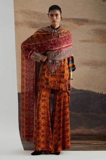 Shop Aseem Kapoor Orange Satin, Modal, Silk Round Neck, Yes Mitra Printed Short Kurta Sharara Set Shop_Aseem Kapoor_Orange Satin, Modal, Silk Round Neck, Yes Mitra Printed Short Kurta Sharara Set