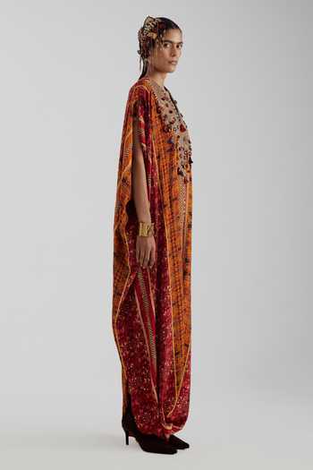 Aseem Kapoor Yellow Crepe V-neck Vayu Printed Low-crotch Jumpsuit Kaftan Online at Aza Fashions Aseem Kapoor_Yellow Crepe V-neck Vayu Printed Low-crotch Jumpsuit Kaftan _Online_at_Aza_Fashions