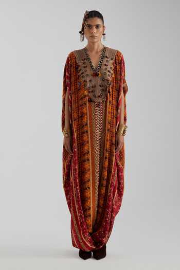 Aseem Kapoor Yellow Crepe V-neck Vayu Printed Low-crotch Jumpsuit Kaftan at Aza Fashions Aseem Kapoor_Yellow Crepe V-neck Vayu Printed Low-crotch Jumpsuit Kaftan _at_Aza_Fashions