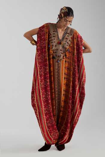 Buy Aseem Kapoor Yellow Crepe V-neck Vayu Printed Low-crotch Jumpsuit Kaftan Buy_Aseem Kapoor_Yellow Crepe V-neck Vayu Printed Low-crotch Jumpsuit Kaftan