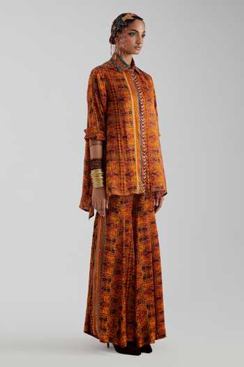 Aseem Kapoor Yellow Satin, Modal Collared Neck Atri Printed Straight Shirt at Aza Fashions Aseem Kapoor_Yellow Satin, Modal Collared Neck Atri Printed Straight Shirt _at_Aza_Fashions