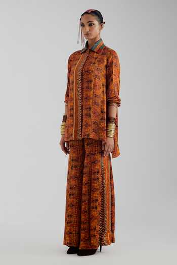 Shop Aseem Kapoor Yellow Satin, Modal Collared Neck Atri Printed Straight Shirt And Sharara Set Online at Aza Fashions Shop_Aseem Kapoor_Yellow Satin, Modal Collared Neck Atri Printed Straight Shirt And Sharara Set _Online_at_Aza_Fashions
