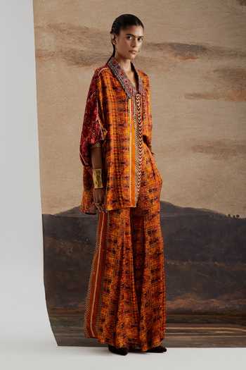Shop Aseem Kapoor Yellow Satin, Modal V-neck Mandala Print Shirt Shop_Aseem Kapoor_Yellow Satin, Modal V-neck Mandala Print Shirt
