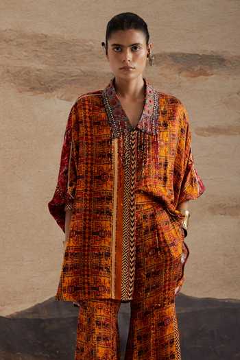 Shop Aseem Kapoor Yellow Satin, Modal Collared Neck Mandala Print Shirt And Sharara Set Online at Aza Fashions Shop_Aseem Kapoor_Yellow Satin, Modal Collared Neck Mandala Print Shirt And Sharara Set _Online_at_Aza_Fashions
