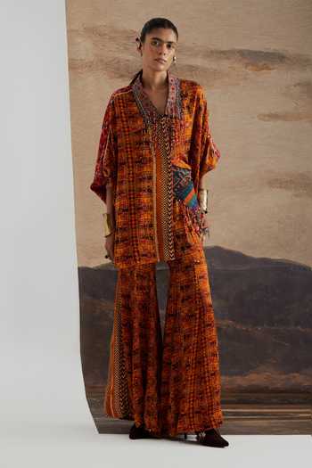 Shop Aseem Kapoor Yellow Satin, Modal Collared Neck Mandala Print Shirt And Sharara Set Shop_Aseem Kapoor_Yellow Satin, Modal Collared Neck Mandala Print Shirt And Sharara Set