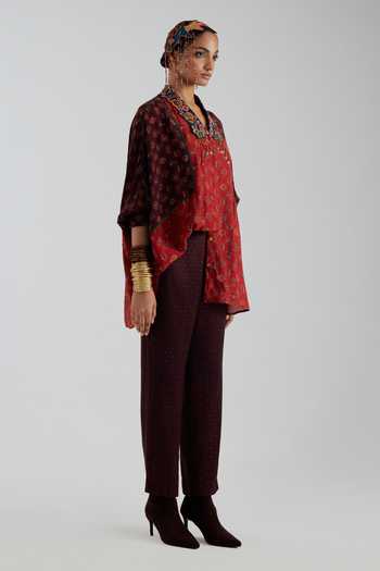 Shop Aseem Kapoor Red Crepe V-, Collared Mandala Print Shirt Online at Aza Fashions Shop_Aseem Kapoor_Red Crepe V-, Collared Mandala Print Shirt _Online_at_Aza_Fashions