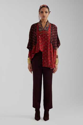 Buy Aseem Kapoor Red Crepe V-, Collared Mandala Print Shirt Buy_Aseem Kapoor_Red Crepe V-, Collared Mandala Print Shirt