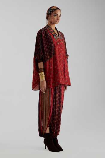 Aseem Kapoor Red Crepe V-neck Mandala Print Shirt And Draped Trouser Set Online at Aza Fashions Aseem Kapoor_Red Crepe V-neck Mandala Print Shirt And Draped Trouser Set _Online_at_Aza_Fashions