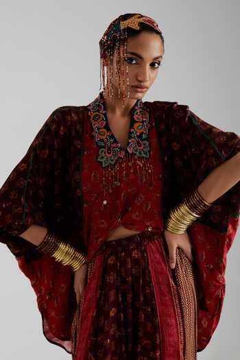 Aseem Kapoor Red Crepe V-neck Mandala Print Shirt And Draped Trouser Set at Aza Fashions Aseem Kapoor_Red Crepe V-neck Mandala Print Shirt And Draped Trouser Set _at_Aza_Fashions