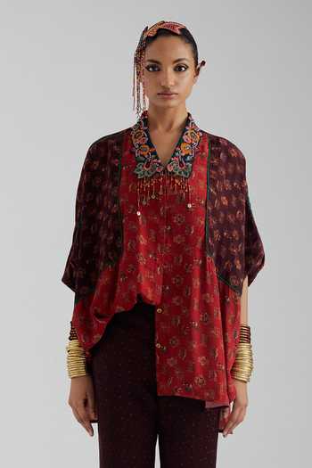 Shop Aseem Kapoor Red Crepe, Twill Collared Neck Mandala Print Shirt And Trouser Set Shop_Aseem Kapoor_Red Crepe, Twill Collared Neck Mandala Print Shirt And Trouser Set