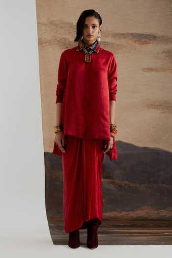 Buy Aseem Kapoor Red Silk Collared Neck Atri Embroidered Straight Shirt Online at Aza Fashions Buy_Aseem Kapoor_Red Silk Collared Neck Atri Embroidered Straight Shirt _Online_at_Aza_Fashions