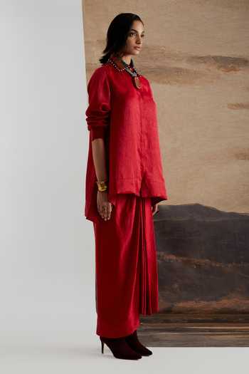Shop Aseem Kapoor Red Silk Collared Neck Atri Embroidered Straight Shirt Online at Aza Fashions Shop_Aseem Kapoor_Red Silk Collared Neck Atri Embroidered Straight Shirt _Online_at_Aza_Fashions