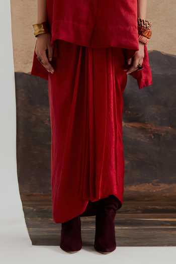 Aseem Kapoor Red Silk Collared Neck Atri Embroidered Shirt And Draped Skirt Set Online at Aza Fashions Aseem Kapoor_Red Silk Collared Neck Atri Embroidered Shirt And Draped Skirt Set _Online_at_Aza_Fashions