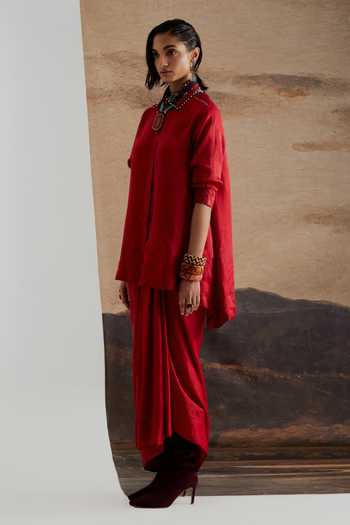 Shop Aseem Kapoor Red Silk Collared Neck Atri Embroidered Shirt And Draped Skirt Set Online at Aza Fashions Shop_Aseem Kapoor_Red Silk Collared Neck Atri Embroidered Shirt And Draped Skirt Set _Online_at_Aza_Fashions
