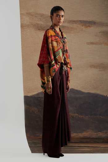 Shop Aseem Kapoor Multi Color Crepe, Twill V-neck Mandala Print Shirt And Draped Skirt Set Online at Aza Fashions Shop_Aseem Kapoor_Multi Color Crepe, Twill V-neck Mandala Print Shirt And Draped Skirt Set _Online_at_Aza_Fashions
