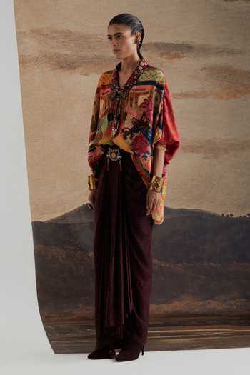 Aseem Kapoor Multi Color Crepe, Twill V-neck Mandala Print Shirt And Draped Skirt Set at Aza Fashions Aseem Kapoor_Multi Color Crepe, Twill V-neck Mandala Print Shirt And Draped Skirt Set _at_Aza_Fashions