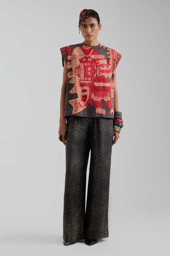 Shop Aseem Kapoor Grey Crepe High Neck Bulan Printed Boxy Top And Trouser Set Online at Aza Fashions Shop_Aseem Kapoor_Grey Crepe High Neck Bulan Printed Boxy Top And Trouser Set _Online_at_Aza_Fashions