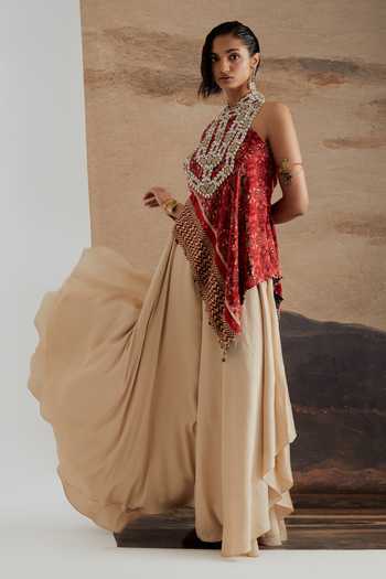 Aseem Kapoor Red Twill, Silk High Neck Rasa One Shoulder Top And Skirt Set Online at Aza Fashions Aseem Kapoor_Red Twill, Silk High Neck Rasa One Shoulder Top And Skirt Set _Online_at_Aza_Fashions