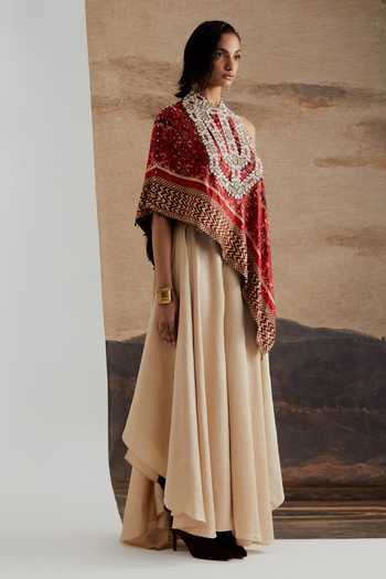Shop Aseem Kapoor Red Twill, Silk High Neck Rasa One Shoulder Top And Skirt Set Online at Aza Fashions Shop_Aseem Kapoor_Red Twill, Silk High Neck Rasa One Shoulder Top And Skirt Set _Online_at_Aza_Fashions