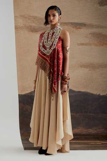 Aseem Kapoor Red Twill, Silk High Neck Rasa One Shoulder Top And Skirt Set at Aza Fashions Aseem Kapoor_Red Twill, Silk High Neck Rasa One Shoulder Top And Skirt Set _at_Aza_Fashions
