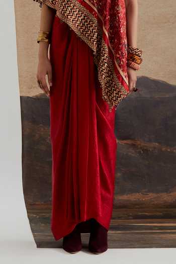 Aseem Kapoor Red Twill, Silk One Shoulder Rasa Top And Draped Skirt Set Online at Aza Fashions Aseem Kapoor_Red Twill, Silk One Shoulder Rasa Top And Draped Skirt Set _Online_at_Aza_Fashions