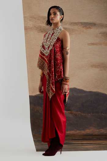 Buy Aseem Kapoor Red Twill, Silk One Shoulder Rasa Top And Draped Skirt Set Online at Aza Fashions Buy_Aseem Kapoor_Red Twill, Silk One Shoulder Rasa Top And Draped Skirt Set _Online_at_Aza_Fashions