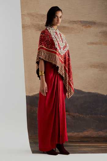 Shop Aseem Kapoor Red Twill, Silk One Shoulder Rasa Top And Draped Skirt Set Online at Aza Fashions Shop_Aseem Kapoor_Red Twill, Silk One Shoulder Rasa Top And Draped Skirt Set _Online_at_Aza_Fashions