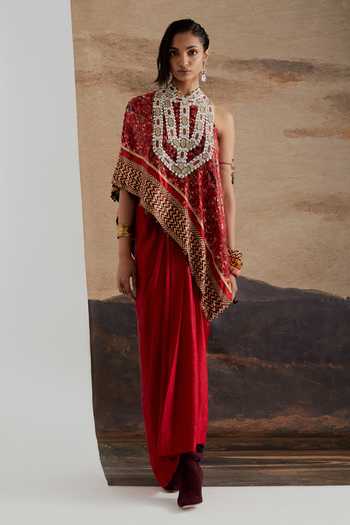 Aseem Kapoor Red Twill, Silk One Shoulder Rasa Top And Draped Skirt Set at Aza Fashions Aseem Kapoor_Red Twill, Silk One Shoulder Rasa Top And Draped Skirt Set _at_Aza_Fashions