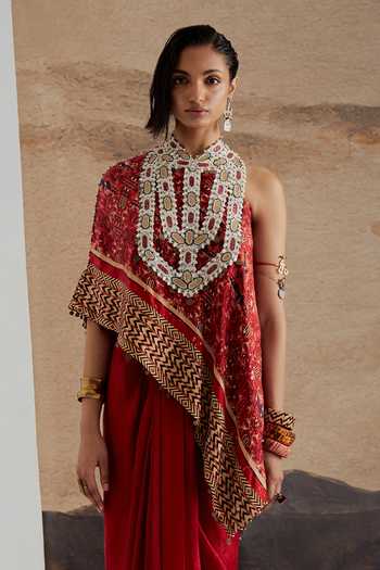 Buy Aseem Kapoor Red Twill, Silk One Shoulder Rasa Top And Draped Skirt Set Buy_Aseem Kapoor_Red Twill, Silk One Shoulder Rasa Top And Draped Skirt Set