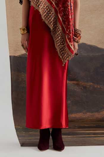 Aseem Kapoor Red Twill, Satin One Shoulder Rasa Top And Straight Skirt Set Online at Aza Fashions Aseem Kapoor_Red Twill, Satin One Shoulder Rasa Top And Straight Skirt Set _Online_at_Aza_Fashions