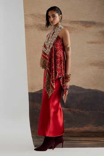 Shop Aseem Kapoor Red Twill, Satin One Shoulder Rasa Top And Straight Skirt Set Online at Aza Fashions Shop_Aseem Kapoor_Red Twill, Satin One Shoulder Rasa Top And Straight Skirt Set _Online_at_Aza_Fashions