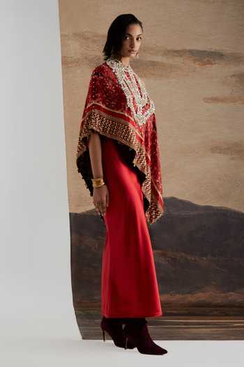 Aseem Kapoor Red Twill, Satin One Shoulder Rasa Top And Straight Skirt Set at Aza Fashions Aseem Kapoor_Red Twill, Satin One Shoulder Rasa Top And Straight Skirt Set _at_Aza_Fashions
